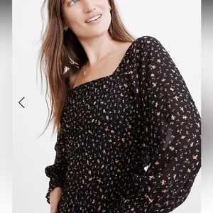 Madewell Georgette Lucie Bubble-Sleeve Smocked Top in Stem Scatter size L